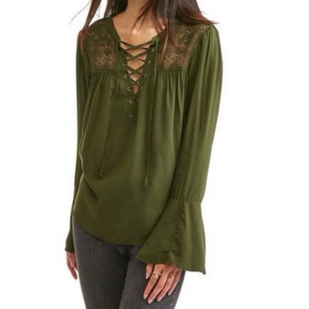 No Boundaries olive top with laced-up front